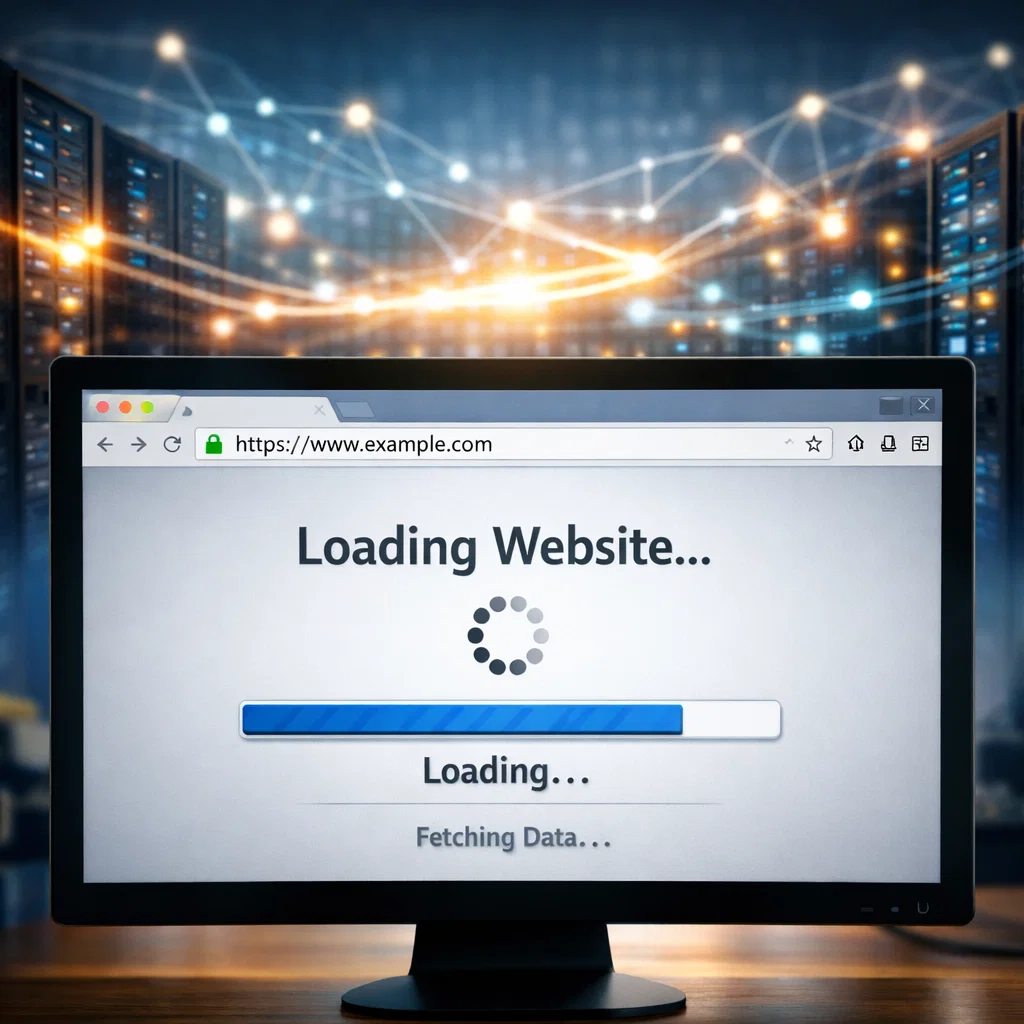 Realistic image of a computer screen displaying a website loading, symbolizing the process of web communication and server interaction.