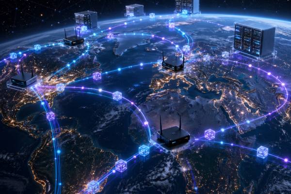Data packets traveling across a global network with routers and glowing connections