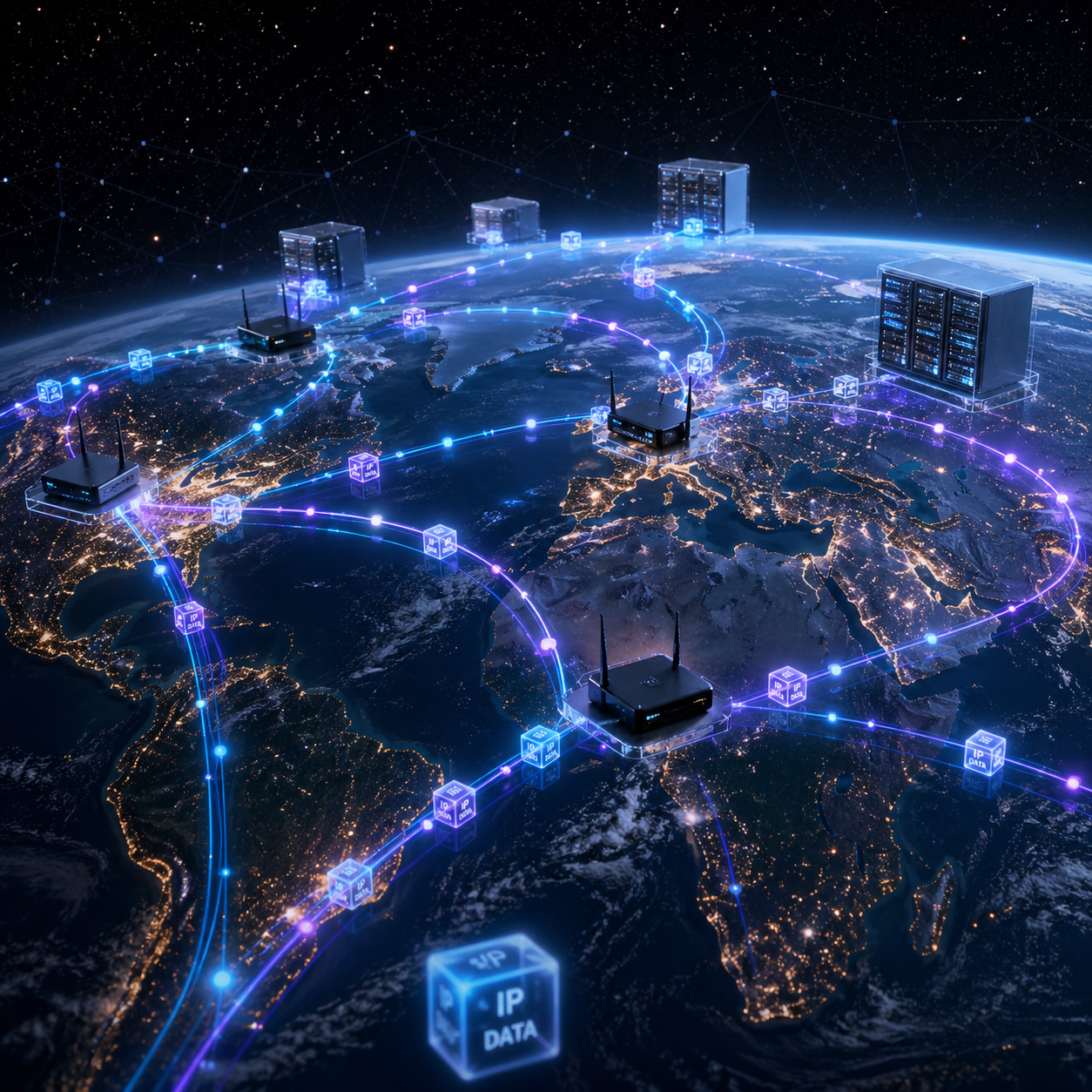 Data packets traveling across a global network with routers and glowing connections