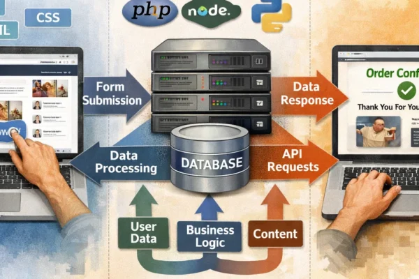 Illustration showing the interaction between client-side and server-side technologies in a web development workflow, highlighting how the user's browser communicates with the server to process data and update content in real-time