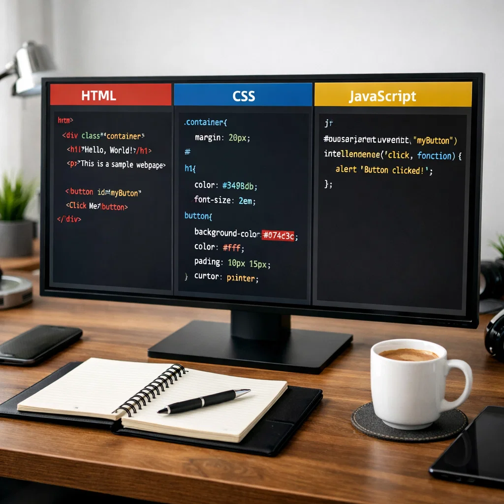 A web developer’s workspace with a computer screen displaying HTML, CSS, and JavaScript code.
