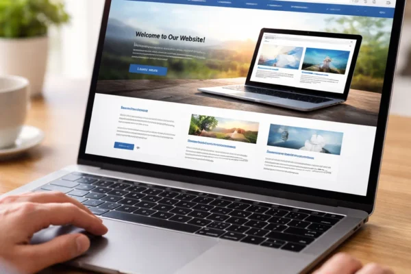 A person interacting with a web browser on a laptop, displaying a web page with text and images, illustrating the process of web browsing in action.