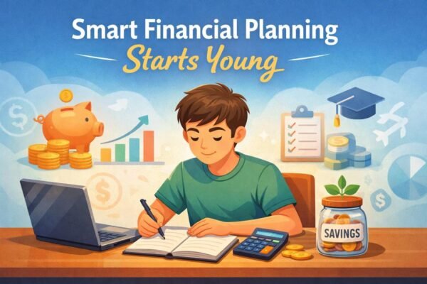 Financial planning for students and young adults with budgeting, saving, and money management illustration