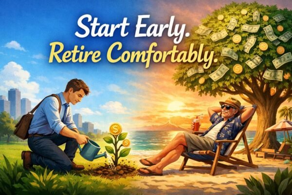 Early retirement planning illustration showing investing early for future financial freedom