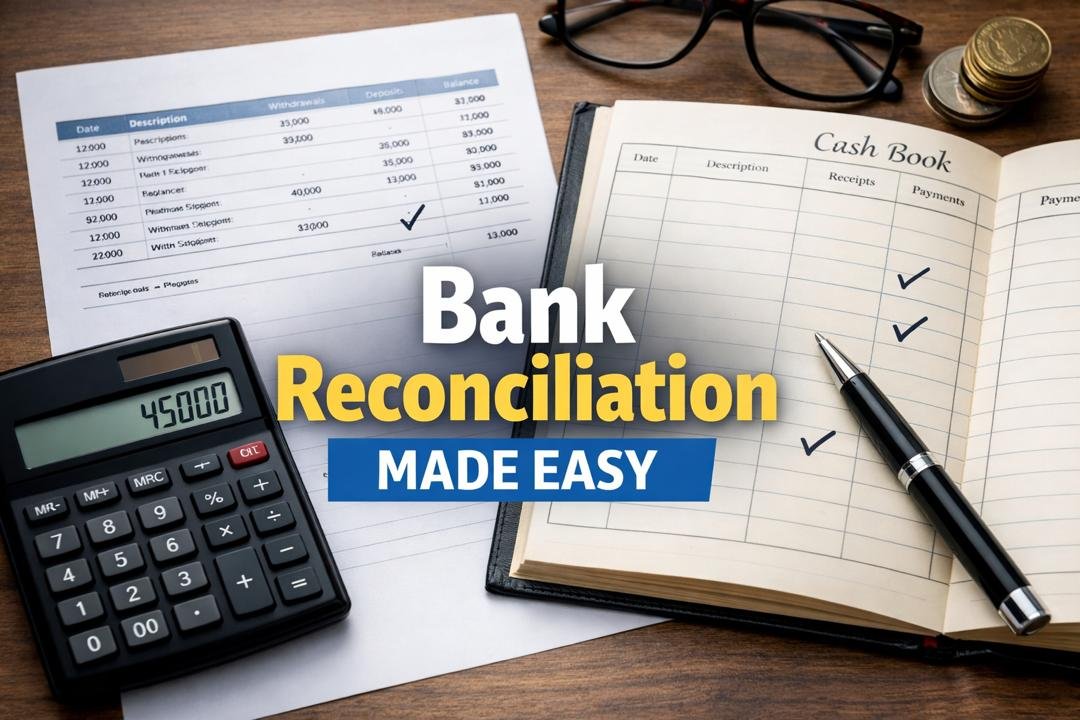Bank Reconciliation process showing cash book and bank statement comparison