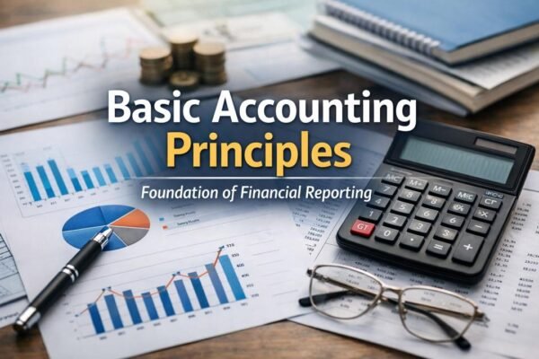 Basic accounting principles illustrated with financial reports and calculator