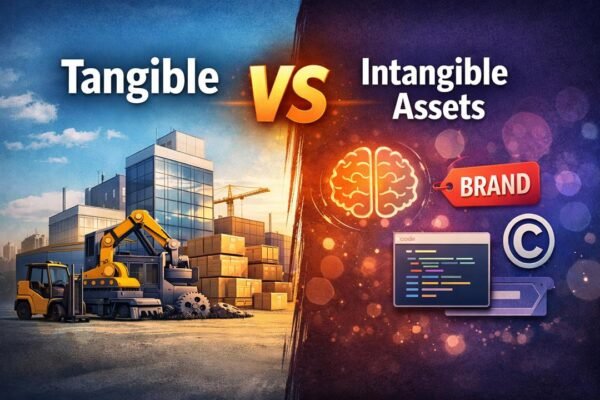 Tangible vs Intangible Fixed Assets illustration showing physical assets like buildings and machines alongside non-physical assets like brand and software