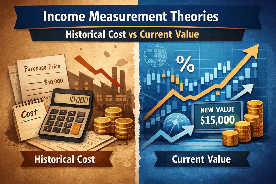 Income Measurement Theories illustrating historical cost vs current value accounting in financial reporting”