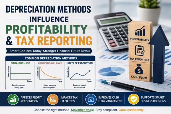 Depreciation methods influence profitability and tax reporting illustration with comparison charts