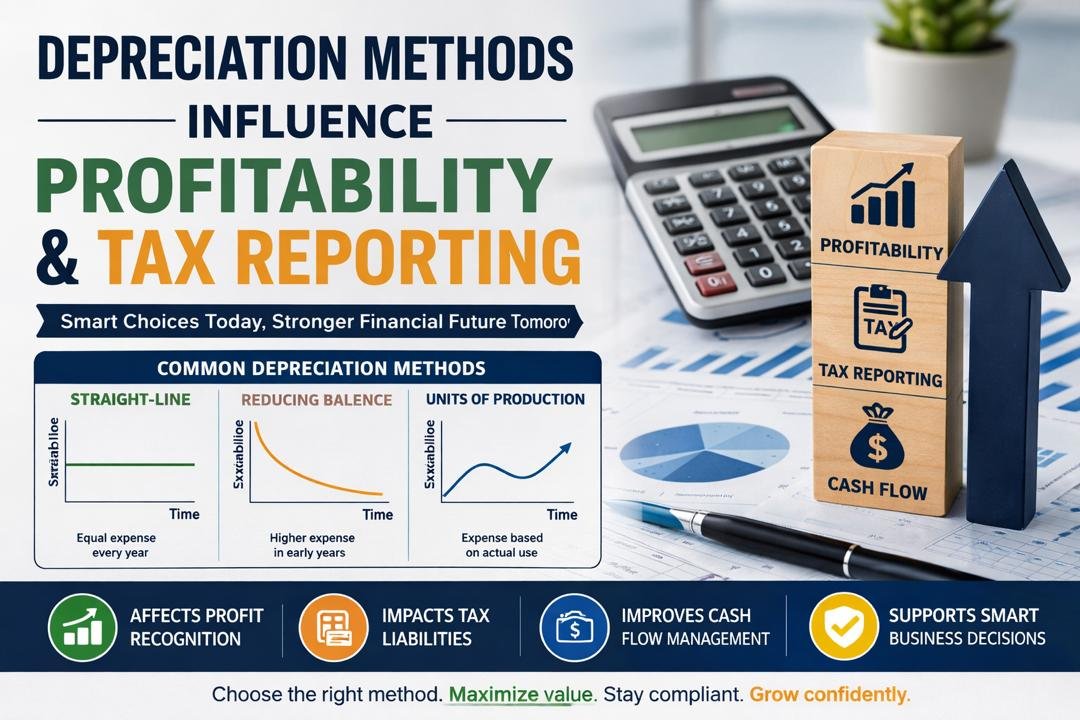 Depreciation methods influence profitability and tax reporting illustration with comparison charts