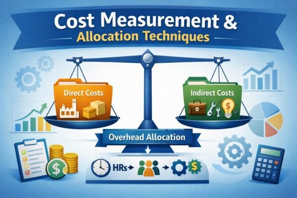 Cost Measurement and Allocation Techniques illustration showing direct and indirect costs breakdown