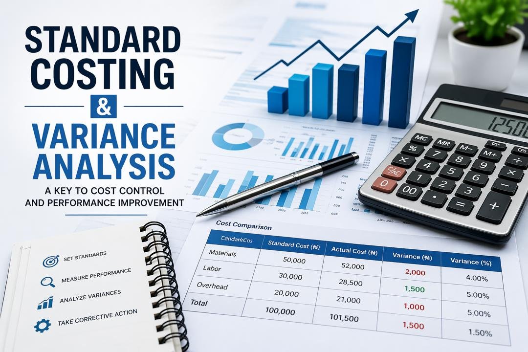 Standard costing and variance analysis concept with financial charts and calculator