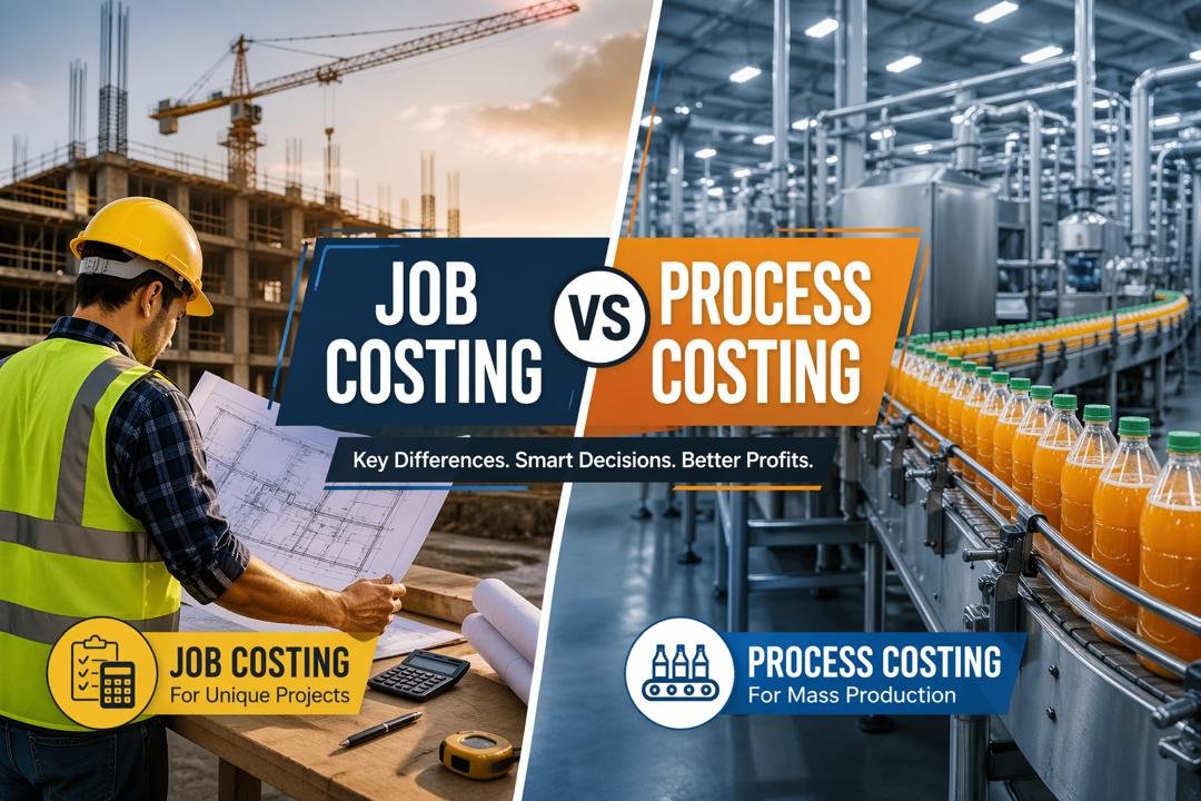 Job costing vs process costing comparison showing construction project and factory production