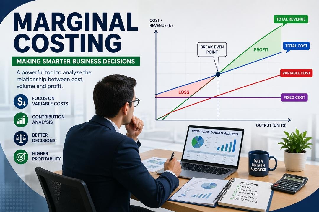 Marginal costing graph showing cost volume profit relationship and decision making analysis