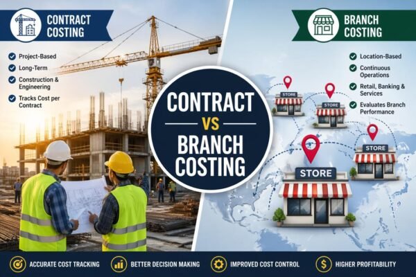 Contract and Branch Costing illustration showing construction project and multi-location business comparison