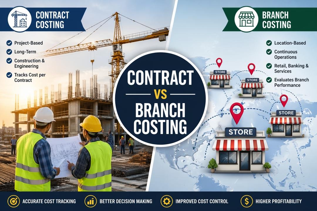 Contract and Branch Costing illustration showing construction project and multi-location business comparison