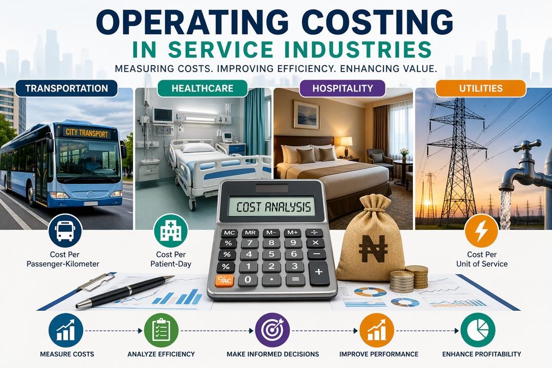 Operating Costing in Service Industries illustration showing transport, healthcare, hospitality and utilities cost analysis