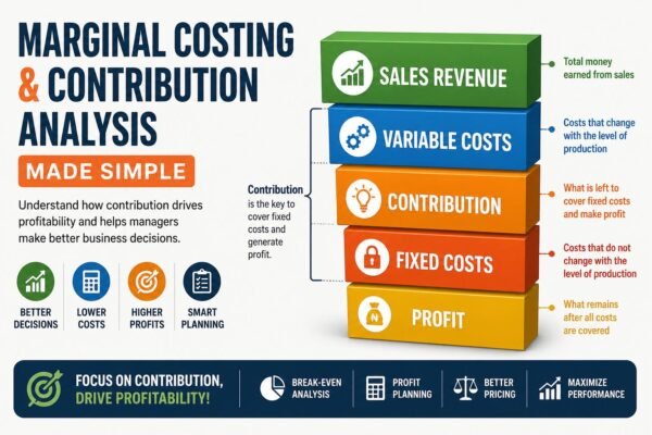 Marginal Costing and Contribution Analysis visual showing sales revenue, variable costs, and profit relationship