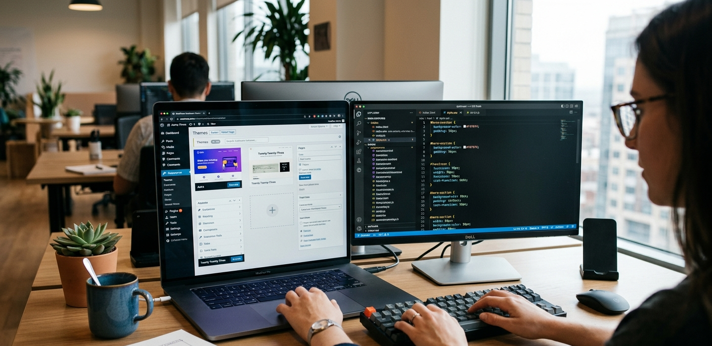 Split screen showing WordPress CMS interface on one side and static site code editor on the other, representing the contrast in website creation methods.