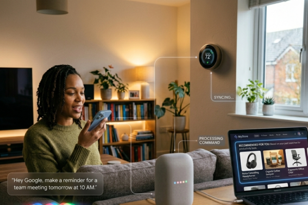 Realistic home environment featuring AI devices like voice assistants, smart thermostats, and personalized recommendations on a screen, illustrating AI in everyday life.