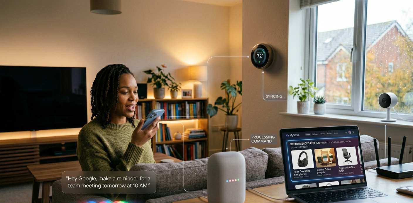 Realistic home environment featuring AI devices like voice assistants, smart thermostats, and personalized recommendations on a screen, illustrating AI in everyday life.