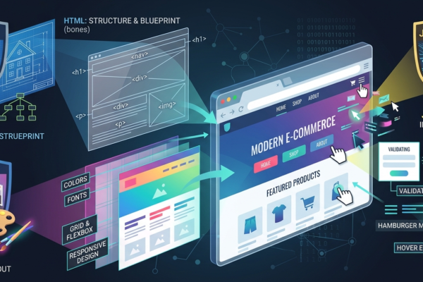 An illustration showing the harmony of HTML, CSS, and JavaScript in creating a dynamic and interactive webpage.