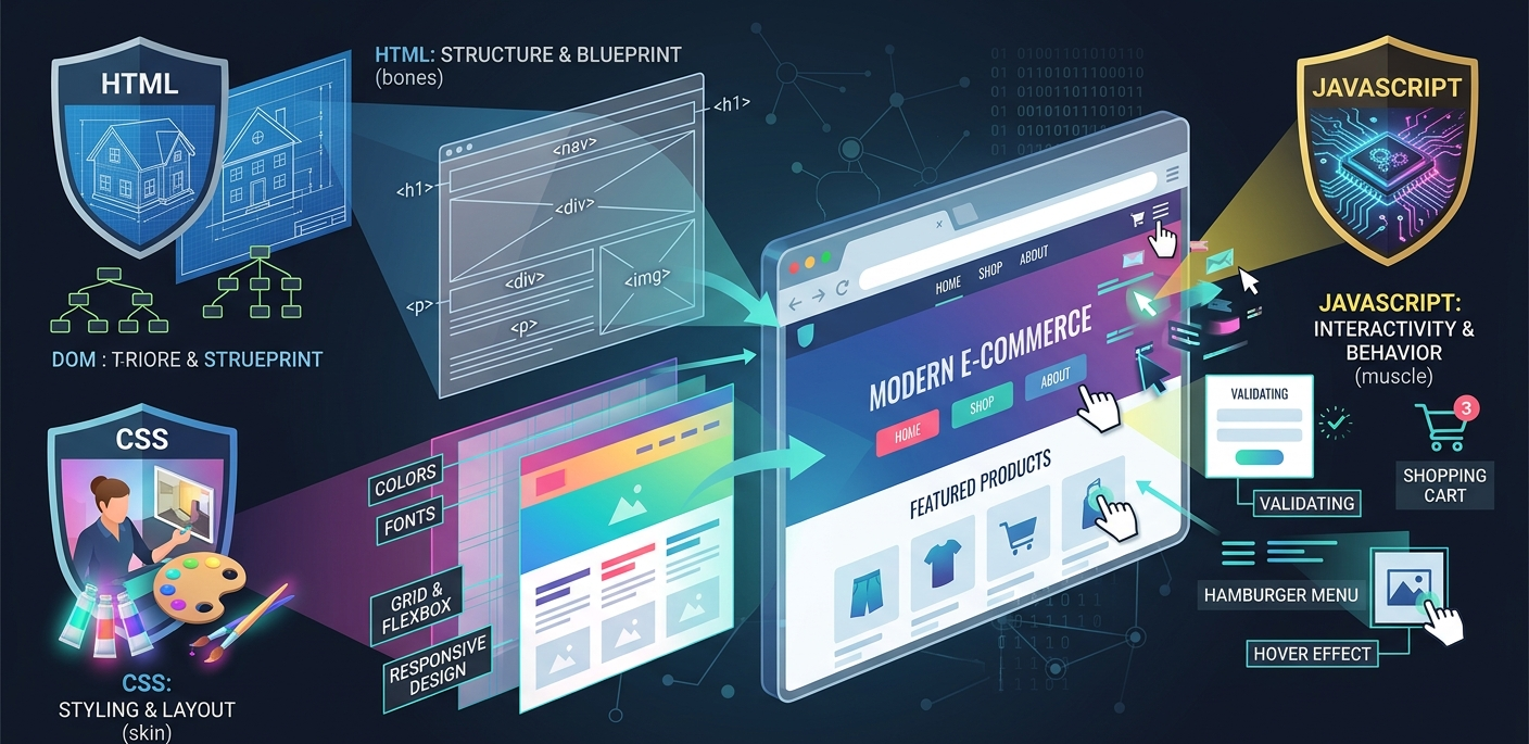 An illustration showing the harmony of HTML, CSS, and JavaScript in creating a dynamic and interactive webpage.