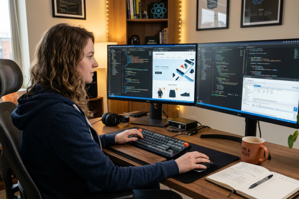Web developer working at a dual-monitor desk, with frontend code on one screen and backend code on the other, creating a seamless web application.