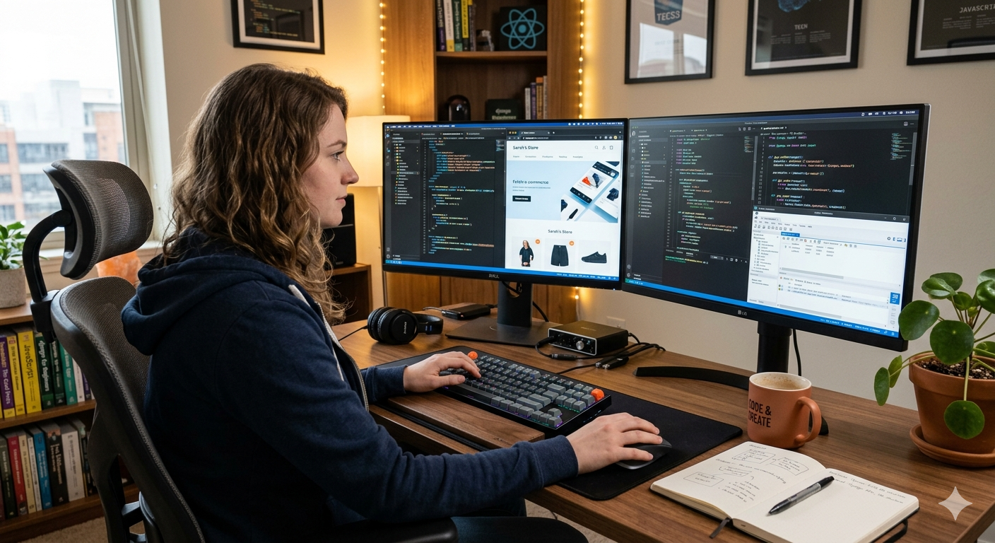 Web developer working at a dual-monitor desk, with frontend code on one screen and backend code on the other, creating a seamless web application.