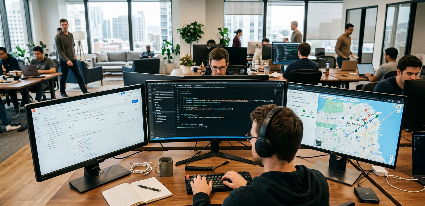 Developer working in a modern workspace with screens showing API code, map integration, and real-time data, highlighting the role of APIs in modern web development.