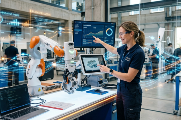 Human interacting with AI-powered technology in a modern workplace.