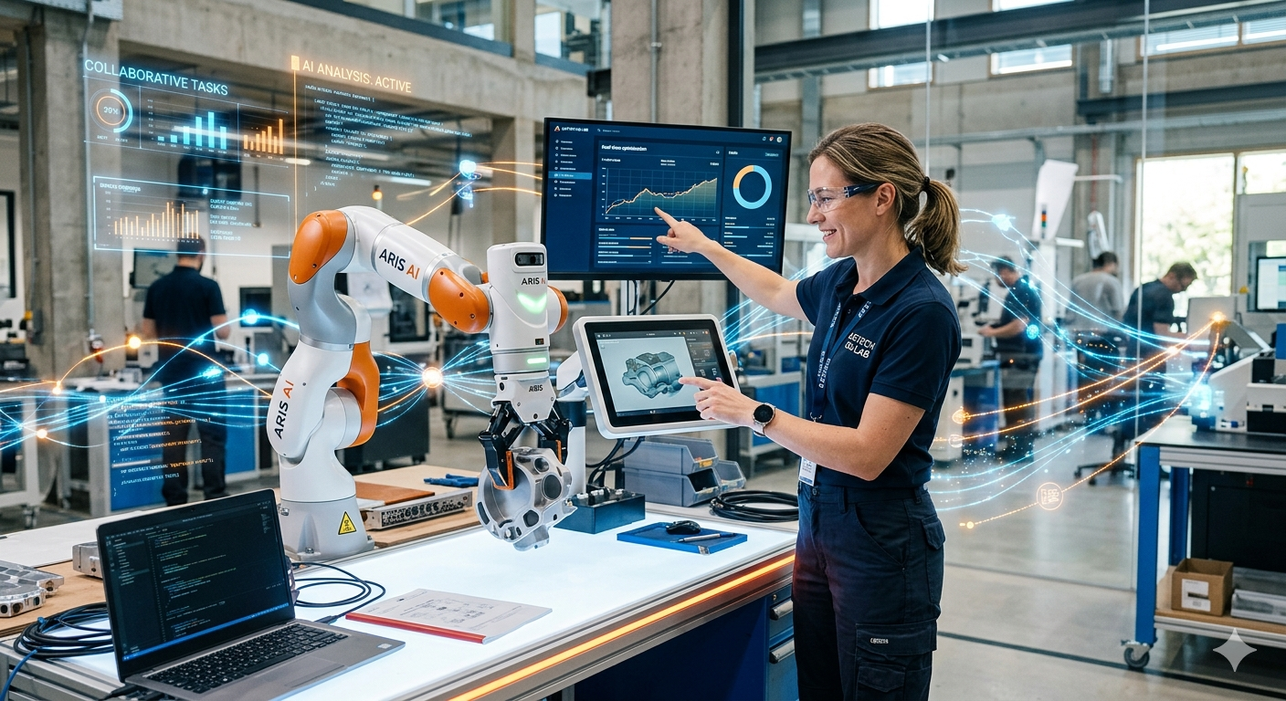 Human interacting with AI-powered technology in a modern workplace.