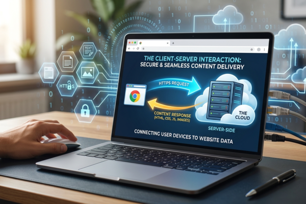 Realistic depiction of web browser and server communication: Laptop with web browser on screen, connected to a server rack or cloud, symbolizing client-server interaction.