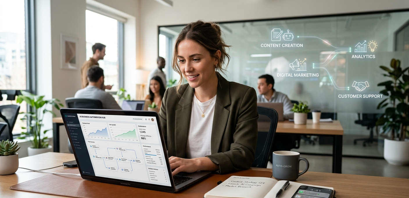 AI-powered online business automation setup with dashboards, analytics, and digital workflow systems