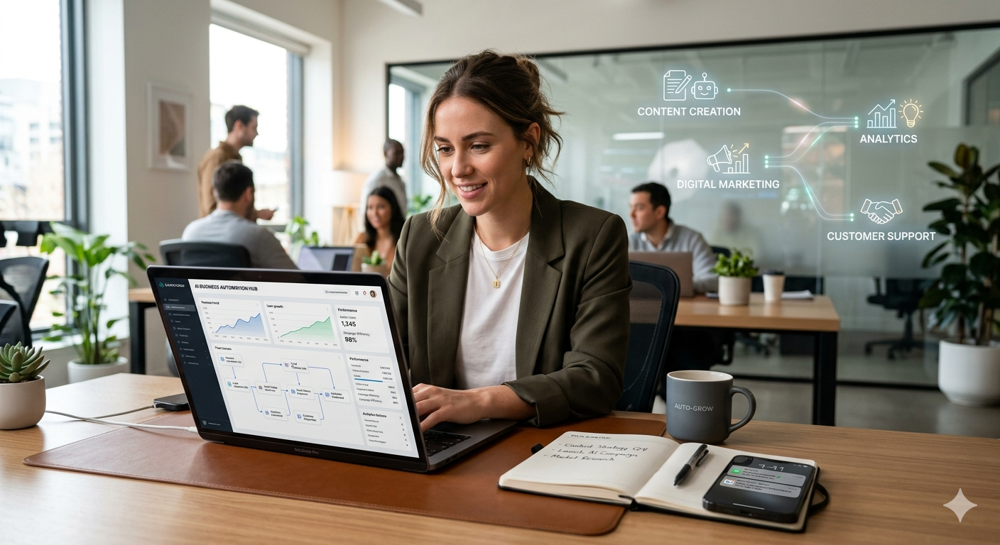 AI-powered online business automation setup with dashboards, analytics, and digital workflow systems