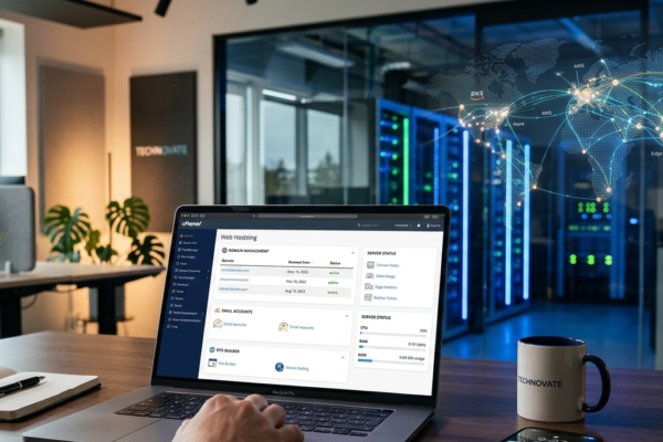 Modern workspace showing a laptop with a web hosting control panel, with server racks and a digital map representing the web hosting process.