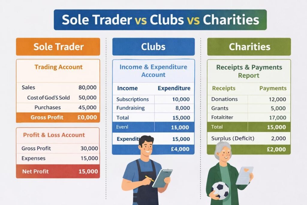 Comparison of preparation of final accounts for sole traders, clubs, and charities