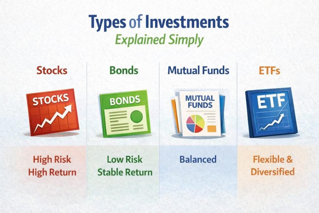 Investing for beginners chart comparing stocks bonds mutual funds and ETFs