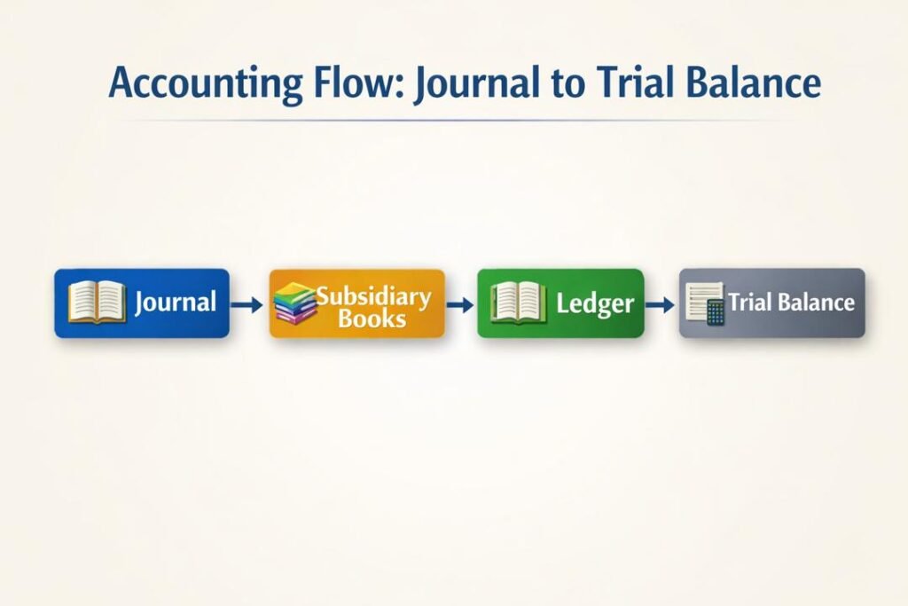 Flowchart showing from journals to trial balance process
