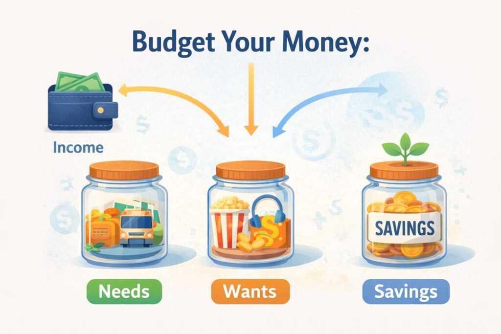 Financial planning for students and young adults showing needs, wants, and savings budgeting method