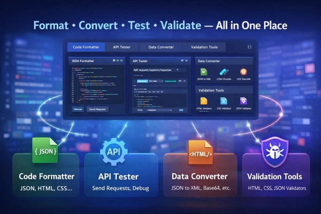 GeniesTool.com for web developers dashboard showing tools for formatting testing and validation