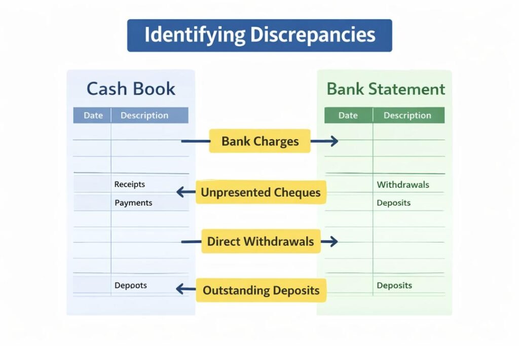 Bank Reconciliation diagram highlighting discrepancies between cash book and bank statement