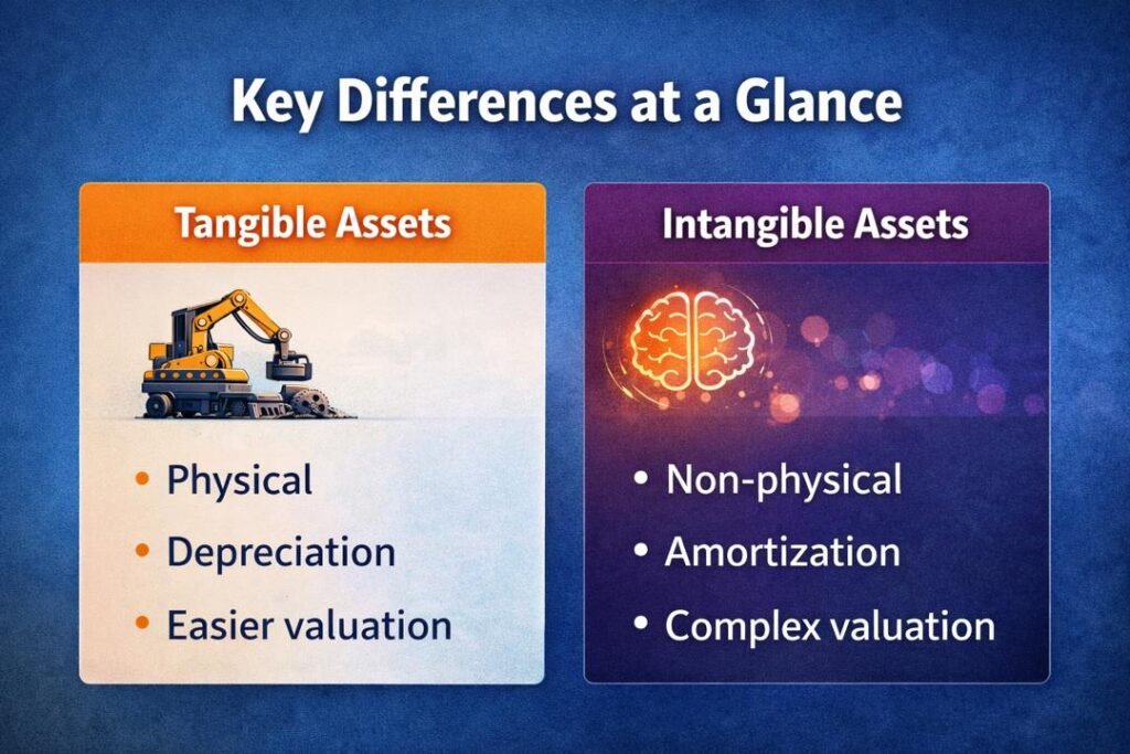 Tangible vs Intangible Fixed Assets comparison showing physical and non-physical asset examples