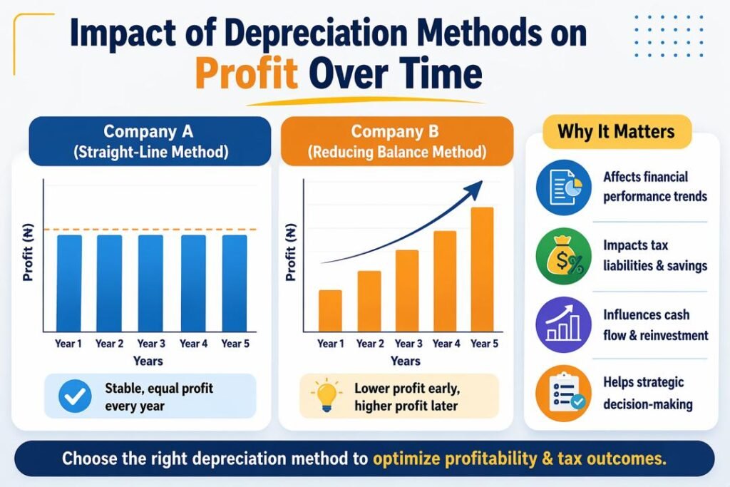 Depreciation methods influence profitability and tax reporting profit comparison chart over time