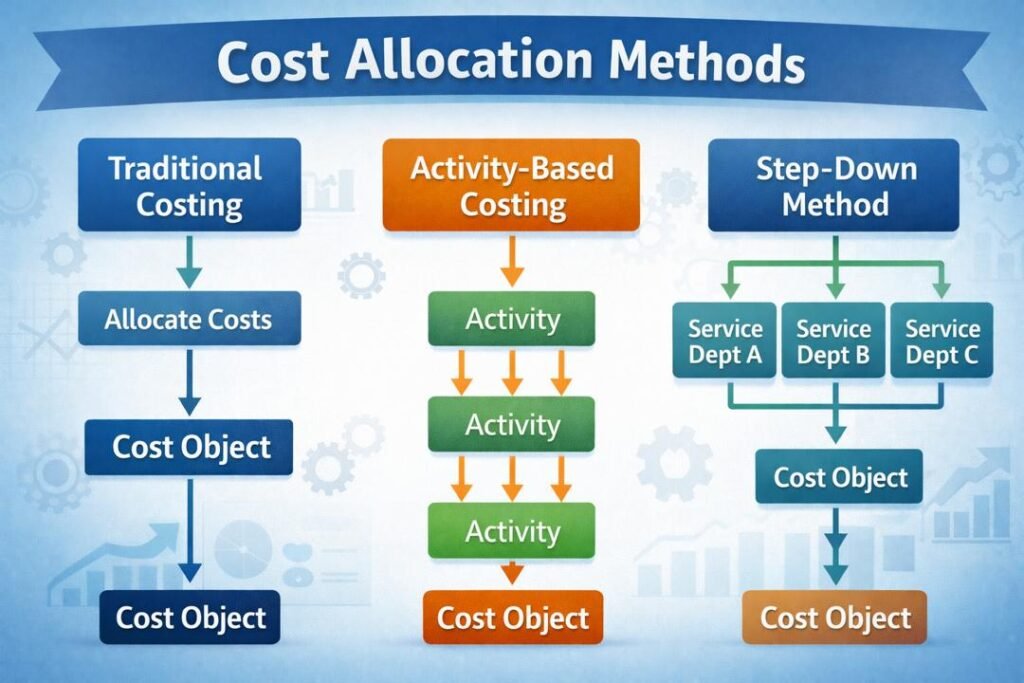 Diagram of Cost Measurement and Allocation Techniques methods including ABC and traditional costing