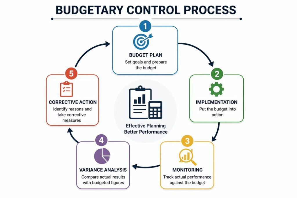 Diagram showing budgeting and budgetary control cycle for performance evaluation