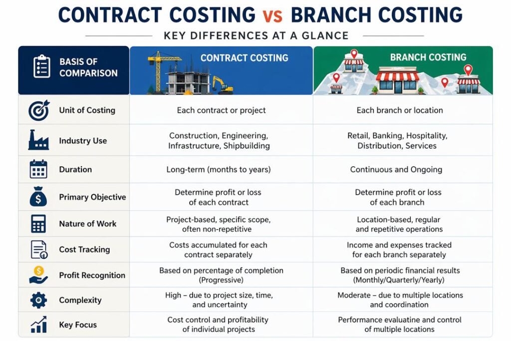 Contract and Branch Costing comparison showing project-based and location-based cost accounting methods