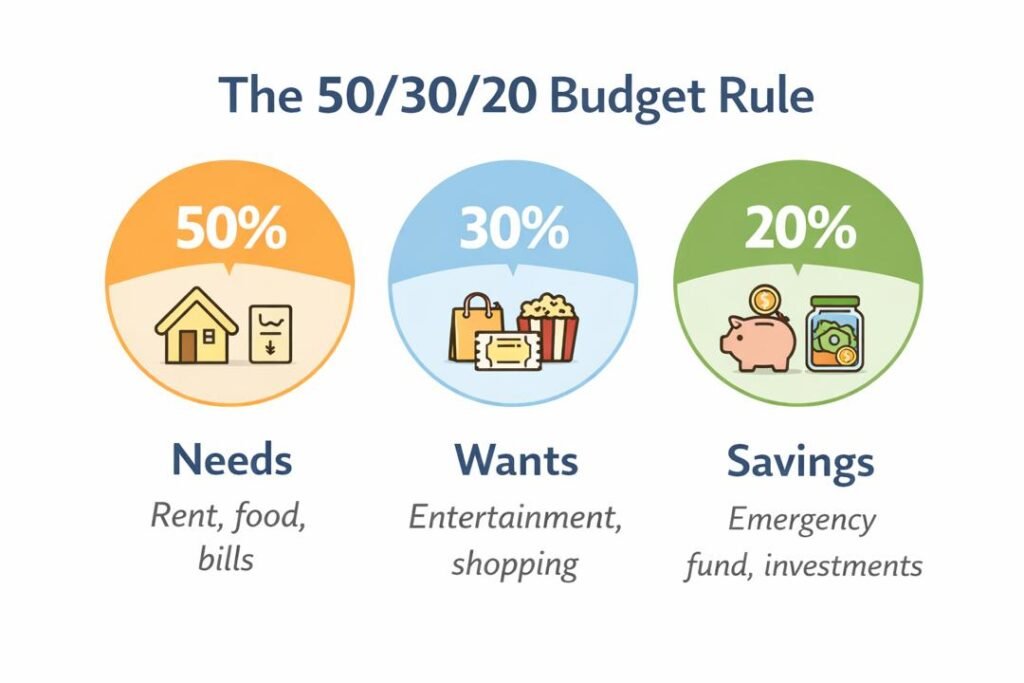 personal budgeting basics infographic showing the 50/30/20 rule with needs, wants, and savings breakdown