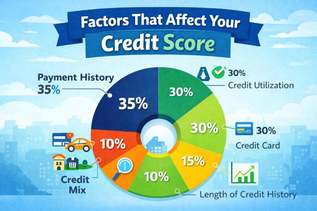 Factors to build and maintain a good credit score infographic showing credit score components
