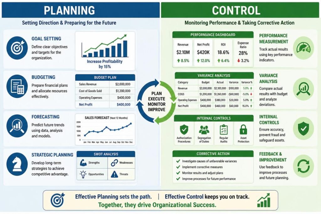 Planning and control in management accounting illustrated with financial charts and performance tracking tools
